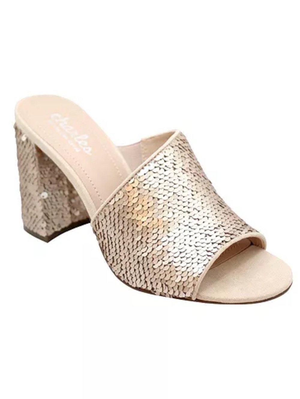 NEW Charles By Charles David Reveal Rose Gold Sequin Slide Block Heel Mules Sz 7